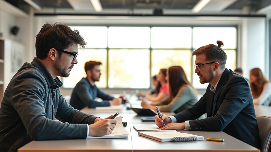 Adult professional taking notes during an intensive training session in a modern classroom, focused and engaged with learning materials on the desk, natural lighting through windows, contemporary educational environment