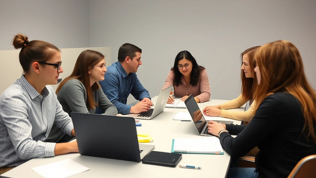 Diverse group of learners collaborating on a project during a condensed course, working together at a table with laptops and notebooks, showing active engagement and discussion, professional development atmosphere