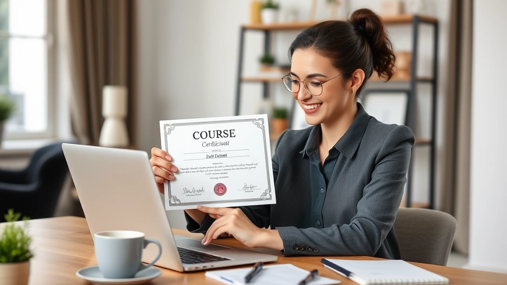 Professional woman reviewing completed course certificate on her laptop at home office, smiling with sense of accomplishment, modern workspace with coffee and notes nearby, representing achievement and career advancement