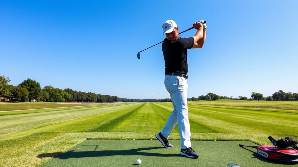 A right-handed golfer at address position in perfect posture and alignment, standing on a well-maintained driving range with green grass and clear skies, demonstrating proper stance and grip setup