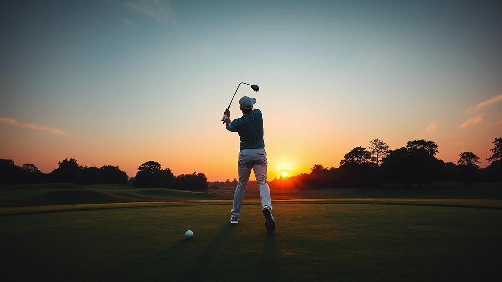 Golfer in mid-follow-through position after striking the ball, showing balanced finish with weight transferred to front foot, club wrapped around shoulders on a beautiful golf course fairway at sunset