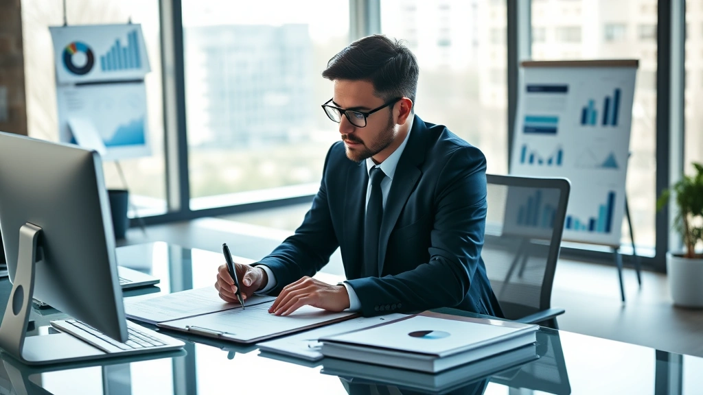 Professional accountant working at modern desk with financial charts and reports, focused concentration, natural lighting, contemporary office environment