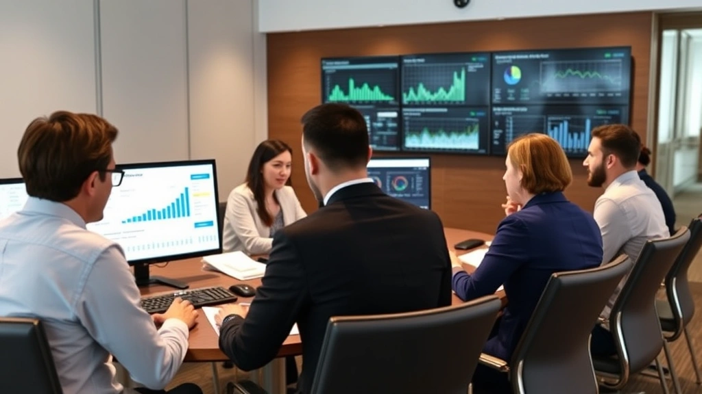 Diverse group of accounting professionals collaborating in conference room reviewing financial statements and data analysis on screens