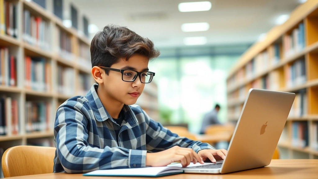 Young accounting student studying financial management concepts with laptop and notebook in library setting, engaged learning atmosphere