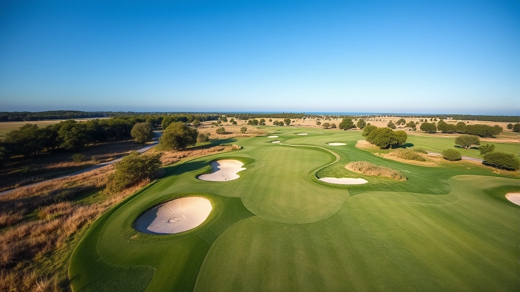 Wide overhead view of scenic golf course with multiple holes visible, sand bunkers and green grass, blue sky