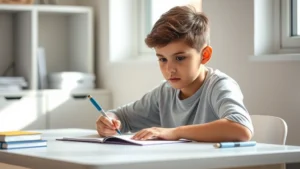 A young student sitting at a desk with focused expression, studying intently with determination and concentration, natural lighting from window, clean minimalist desk setup