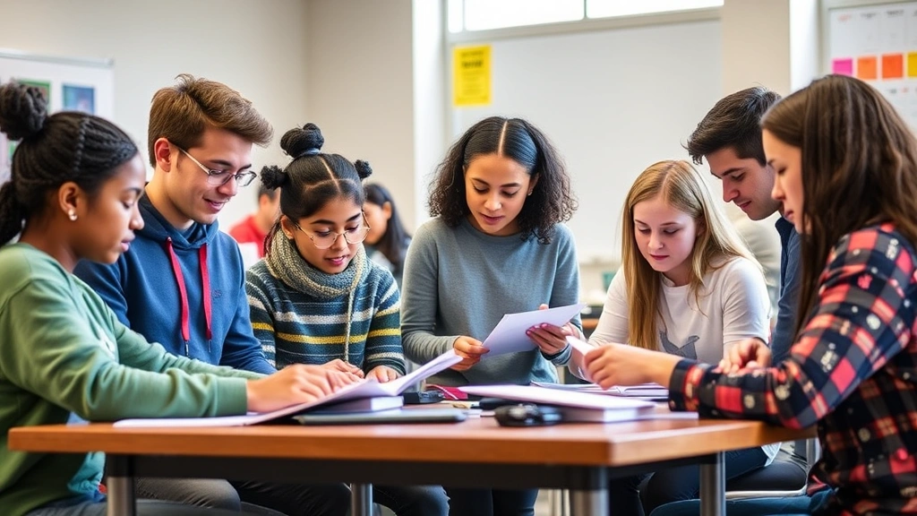 Multiple students of diverse backgrounds engaged in active learning exercises, collaborating and practicing skills together in a bright educational setting, genuine engagement and effort visible