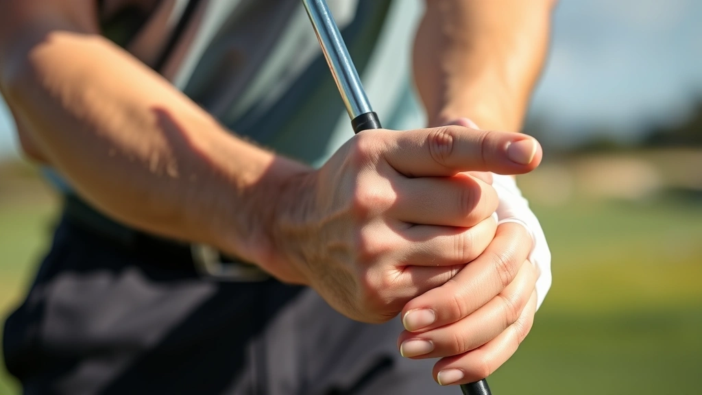 Professional golfer demonstrating proper grip technique on golf club, hands close-up showing finger positioning, natural lighting on outdoor golf course with blurred fairway background