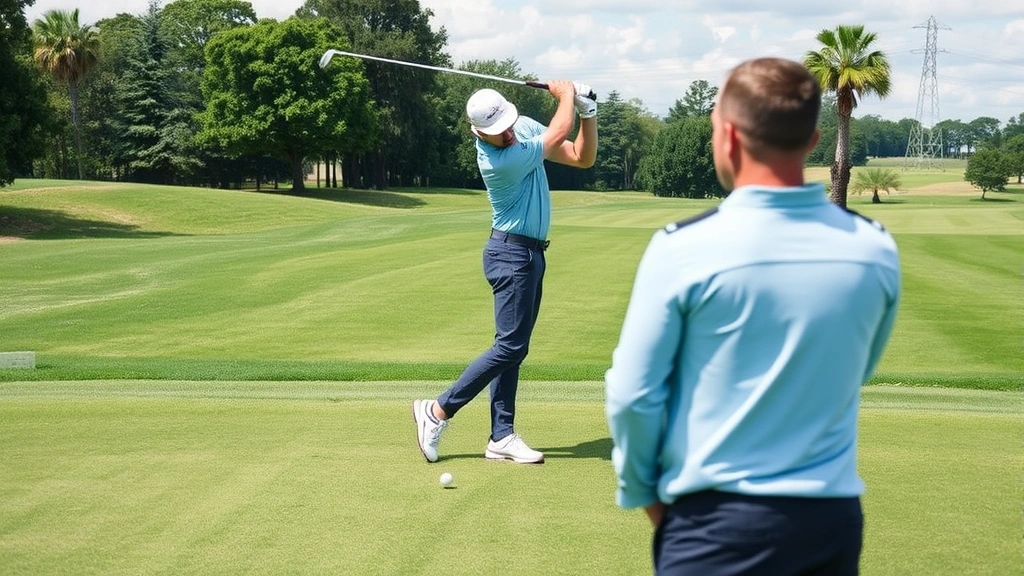 Golfer mid-swing at address position showing proper stance, posture, and alignment with golf ball visible, wide fairway landscape behind, professional coaching moment captured