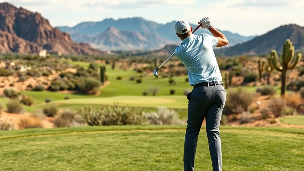 Golfer completing follow-through position after impact, balanced finish with full body rotation toward target, lush green golf course landscape with desert scenery, professional demonstration of complete swing
