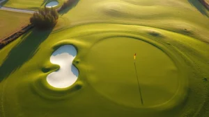 Overhead drone view of a manicured golf course fairway with sand bunkers and green flag visible, morning sunlight, professional course maintenance visible, no golfers or text