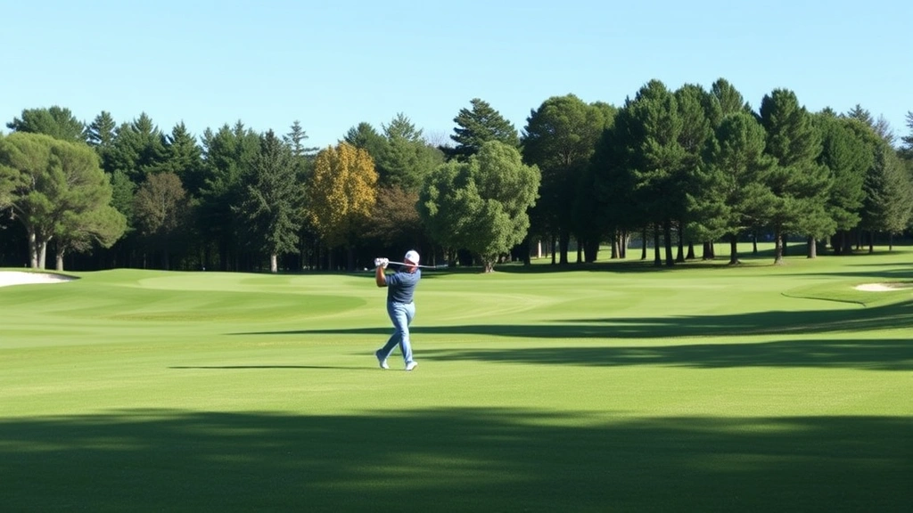 Golfer mid-swing on a well-maintained fairway with trees and blue sky background, natural lighting, professional course setting, no spectators or visible text