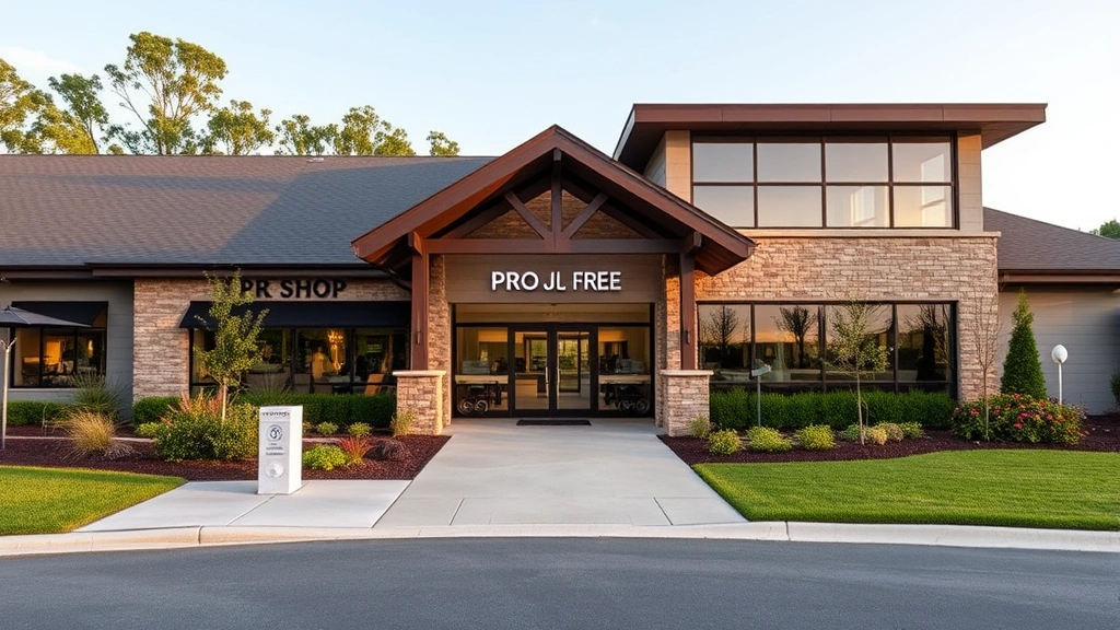 Modern golf clubhouse exterior with pro shop entrance, landscaped grounds, clear signage-free architecture, professional facility appearance, daytime lighting, no people visible