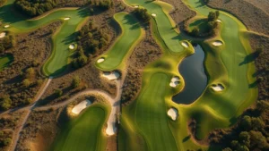 Aerial view of a championship golf course with multiple tee boxes visible, fairways winding through natural landscape with water features and bunkers, green fairways against darker rough areas, trees framing holes, daytime lighting