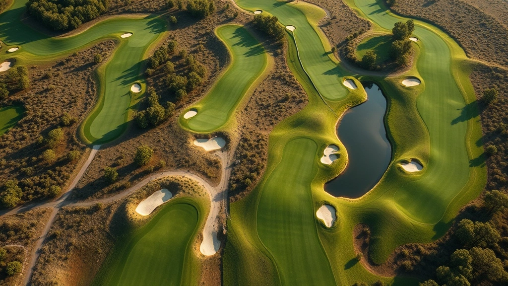 Aerial view of a championship golf course with multiple tee boxes visible, fairways winding through natural landscape with water features and bunkers, green fairways against darker rough areas, trees framing holes, daytime lighting