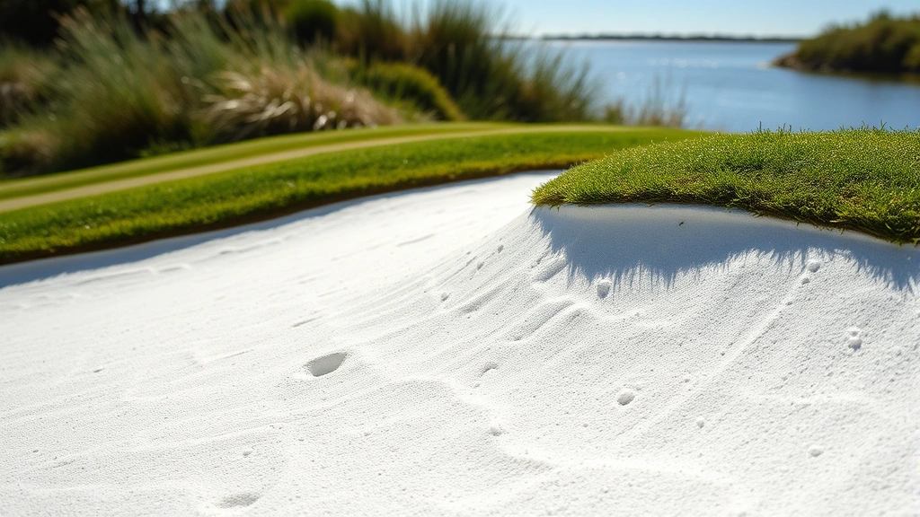 Close-up of a golf course bunker with pristine white sand and manicured edges, native grasses beyond, water hazard visible in background, natural lighting emphasizing texture and course maintenance
