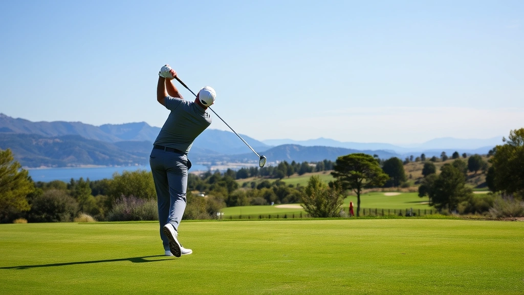 Golfer mid-swing on fairway with scenic landscape backdrop, elevation changes visible in terrain, trees and natural vegetation framing the hole, water feature and green visible in distance, professional course condition