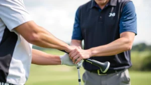 Professional golf instructor demonstrating proper grip technique with student, showing hand positioning and alignment on golf club in outdoor practice setting