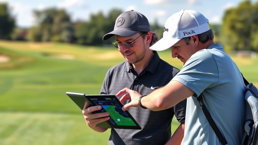 Coach and student reviewing swing analysis on tablet device at golf course, examining ball flight data and performance metrics together in instructional moment