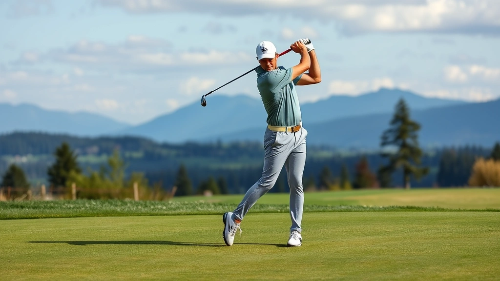 Golfer at address position on fairway with scenic Pacific Northwest landscape in background, demonstrating proper stance and posture before swing execution
