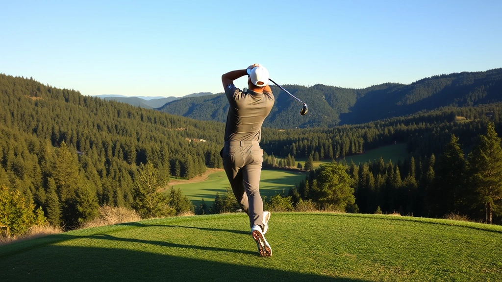 Professional golfer mid-swing at elevated tee box with forested hills and clear sky, showing dynamic motion and athletic positioning during club delivery