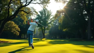 Professional golfer mid-swing on lush fairway surrounded by mature trees, morning sunlight filtering through branches, well-manicured grass and clear sky