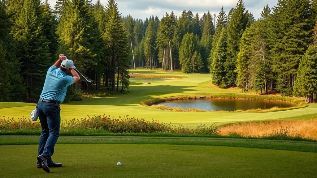 Golfer preparing for shot on fairway with trees and water hazard in background, natural Pacific Northwest landscape with green vegetation