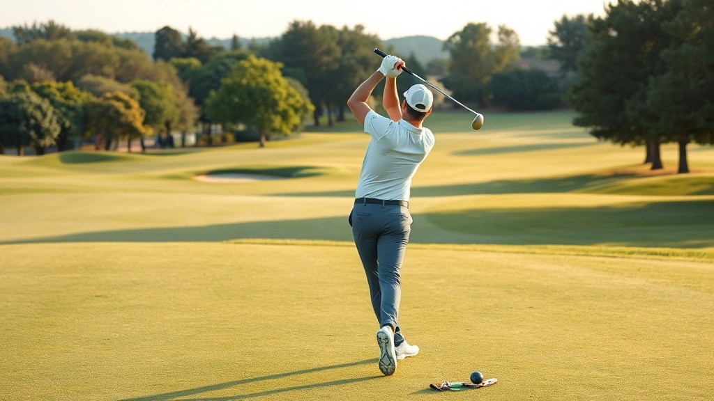 Professional golfer in mid-swing on manicured fairway with trees and course landscape in soft daylight, demonstrating proper golf posture and technique