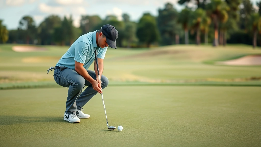 Golfer demonstrating proper putting stance and alignment on practice green with focused concentration, analyzing break and line of putt