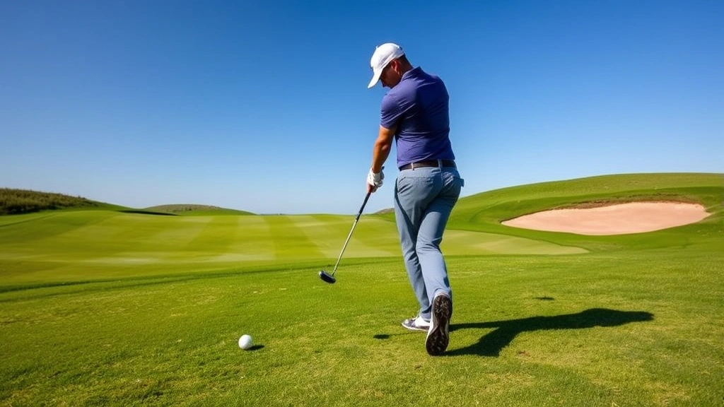 Professional golfer executing a precise iron shot on a well-maintained fairway with lush green grass, blue sky, and sand bunkers visible in background, showing proper form and concentration