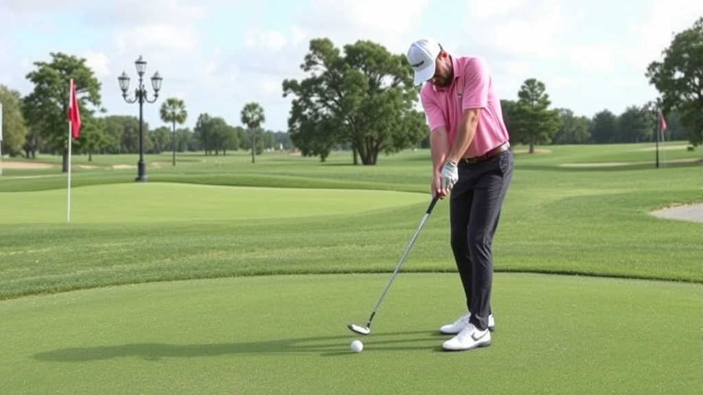 Golfer practicing short game shots near putting green, chipping and pitching balls with wedges, demonstrating short-game practice technique on manicured practice area