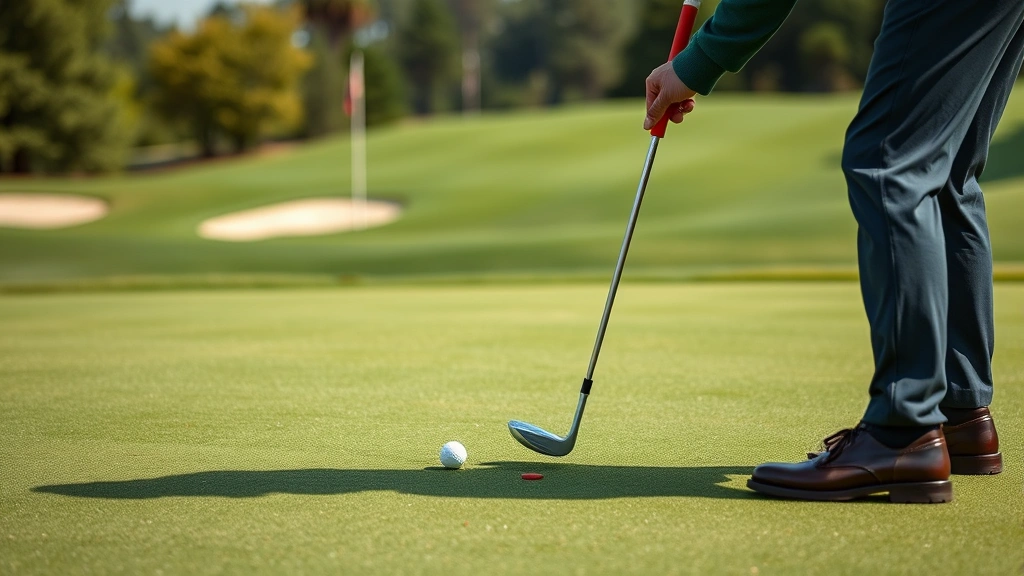 Golfer on putting green reading break and preparing to putt, analyzing green contours with focused concentration, showing putting routine and mental preparation