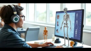 Photorealistic 3D visualization of human skeletal and muscular systems displayed on a computer screen, student wearing headphones studying at desk with anatomy models, bright educational environment, natural lighting, focused learning atmosphere