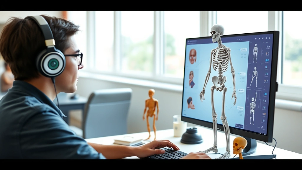 Photorealistic 3D visualization of human skeletal and muscular systems displayed on a computer screen, student wearing headphones studying at desk with anatomy models, bright educational environment, natural lighting, focused learning atmosphere