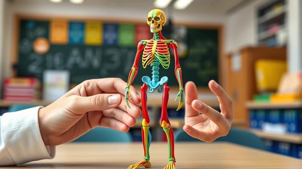 Close-up of human hands examining colorful anatomical 3D model showing skeletal and muscular systems in bright, well-lit classroom environment with blurred educational materials in background
