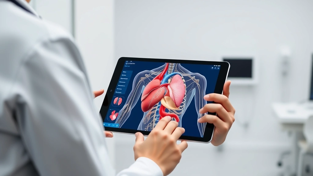 Medical student using interactive 3D anatomical software showing cardiovascular and nervous system, rotating virtual human anatomy model on tablet, detailed organ visualization, clinical educational setting, professional medical technology display