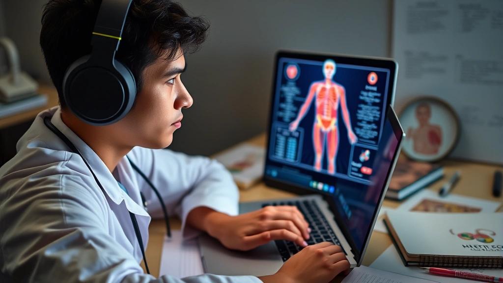 Medical student wearing headphones studying at laptop with 3D anatomical visualization on screen, surrounded by anatomy reference materials and notes, focused expression showing active learning