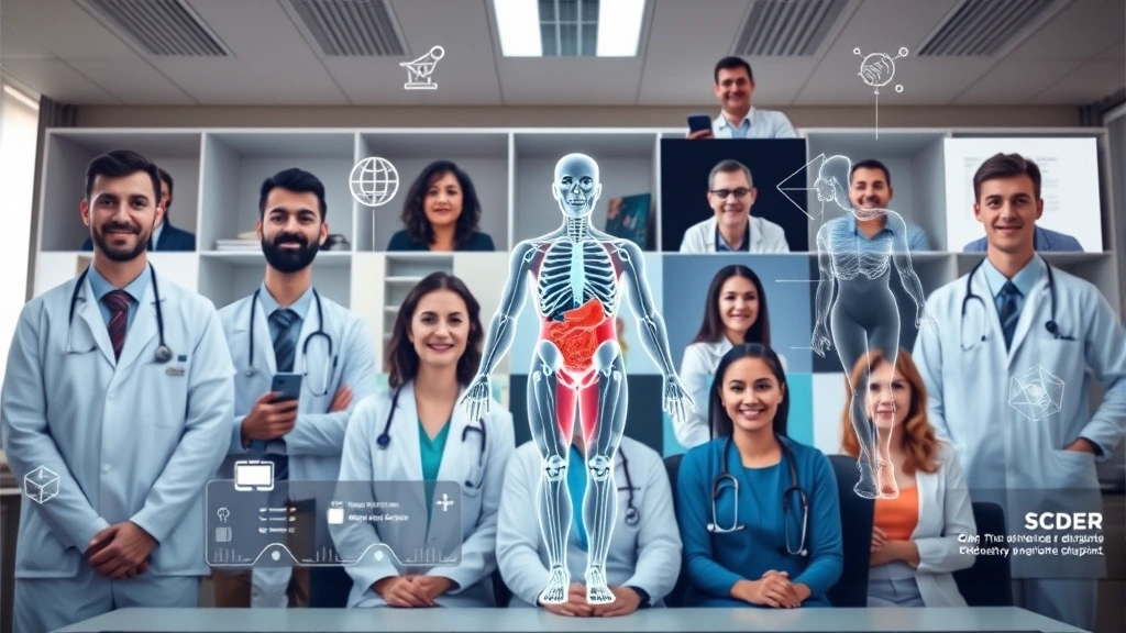 Diverse healthcare professionals in virtual classroom setting, anatomical diagrams floating in digital space, online learning interface showing body systems, collaborative distance education, modern medical education technology, professional development environment