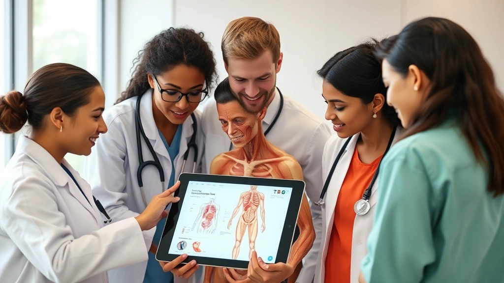 Group of diverse healthcare students collaborating around tablet displaying interactive human anatomy app with organ systems, engaged in discussion about anatomical structures