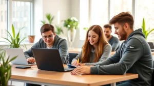 Young adult students studying together at modern desks with laptops and notebooks in bright, collaborative learning space with natural window light and plants