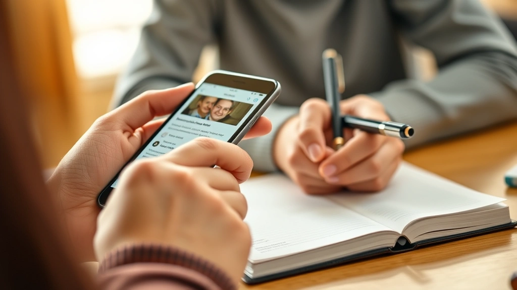 Close-up of hands holding smartphone displaying educational content, person taking notes with pen on notepad, warm lighting suggesting focused learning environment