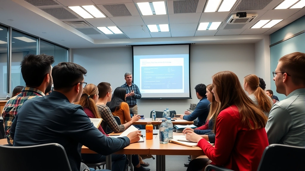 Diverse group of students in university classroom setting, instructor presenting information on projector screen, engaged learners taking notes and participating in discussion