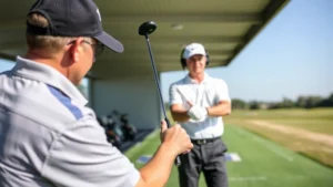 Professional golf instructor teaching proper golf swing mechanics to student on driving range, demonstrating grip and posture with golf club, natural outdoor lighting, clear day