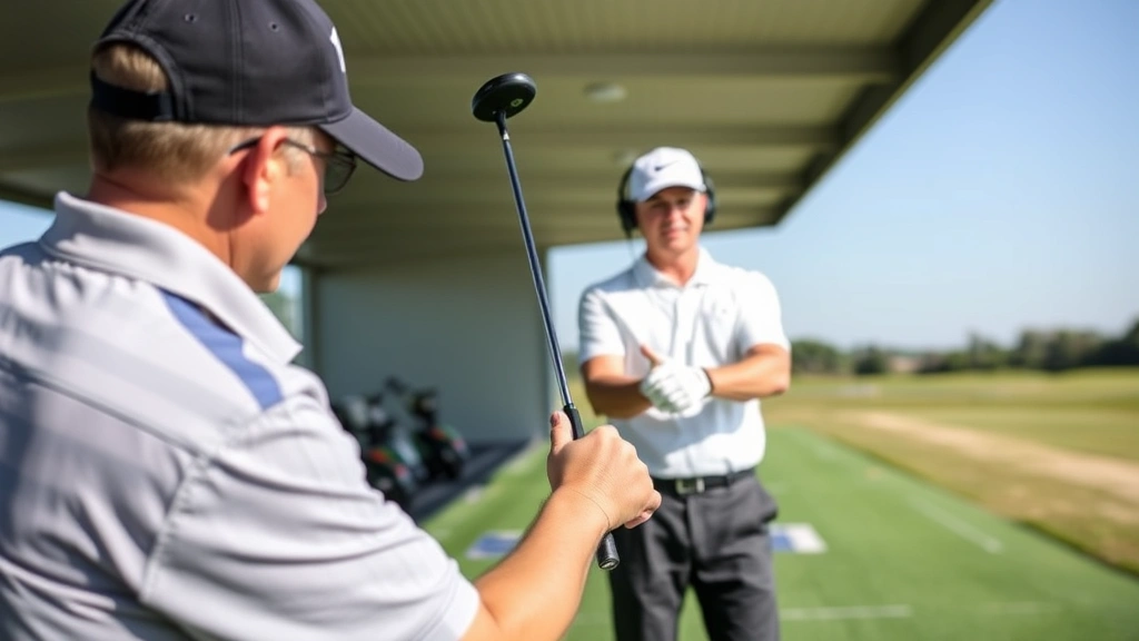 Professional golf instructor teaching proper golf swing mechanics to student on driving range, demonstrating grip and posture with golf club, natural outdoor lighting, clear day