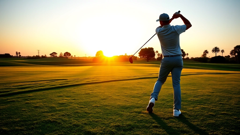 Professional golfer in mid-swing at sunrise on manicured fairway, perfect form, natural lighting, lush green grass, clear blue sky, photorealistic