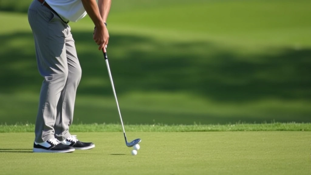 Golfer executing chip shot near green during practice session, showing body positioning and club contact with ball, manicured fairway and green background, daylight