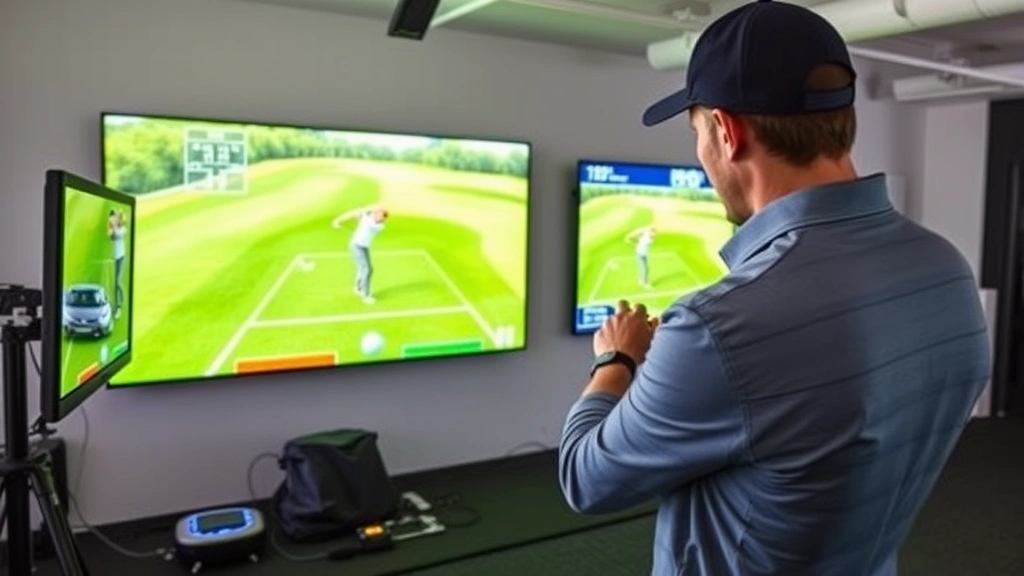 Golf instructor analyzing student's swing using launch monitor technology in modern coaching facility, both focused on screen data, professional setting, bright natural light