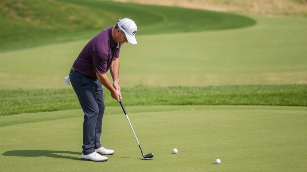Golfer practicing putting on practice green, demonstrating proper stance and stroke mechanics, focused expression, multiple golf balls visible on green