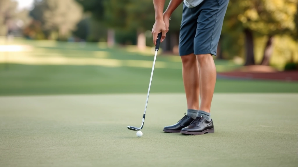 Golfer successfully making putt on green with perfect form, concentrated expression, well-maintained putting surface, professional course conditions, daytime lighting