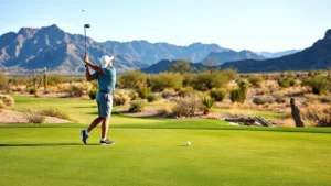 Professional golfer mid-swing on manicured fairway with desert landscape and mountains in background, natural Arizona terrain with native vegetation